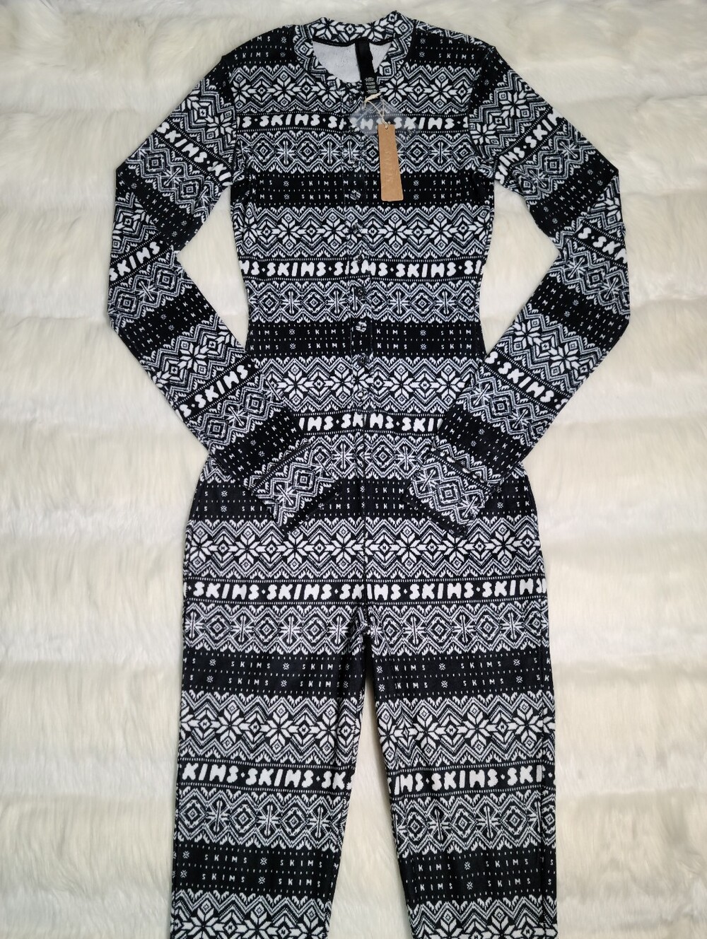 SKIMS Logo Plush Pointelle Onesie Onyx Fairisle Women XS NEW